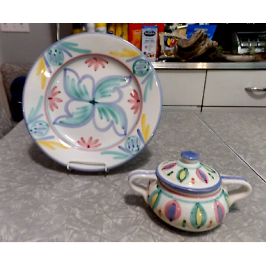 1986 VIETRI ITALY "COLORE" HANDMADE & PAINTED 3PC  DINNER PLATE & SUGAR BOWL SET