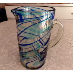 MEXICO HAND BLOWN GLASS BLUE SWIRL PATTERN STRAIGHT SIDED 64 oz PITCHER