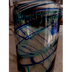 MEXICO HAND BLOWN GLASS BLUE SWIRL PATTERN STRAIGHT SIDED 64 oz PITCHER