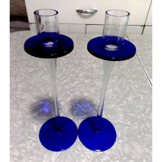 BEAUTIFUL HAND BLOWN ART GLASS COBALT BLUE & CLEAR 2 PC. CANDLESTICK SET