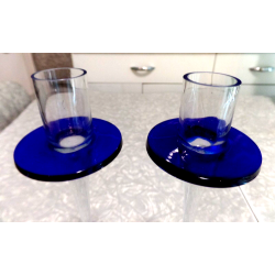 BEAUTIFUL HAND BLOWN ART GLASS COBALT BLUE & CLEAR 2 PC. CANDLESTICK SET