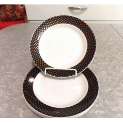 STEELITE ENGLAND 4 PC. GOLD DOTS on a BLACK RIM BREAD/DESSERT PLATE SET