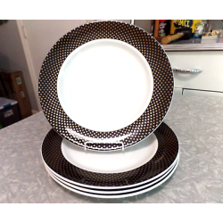 STEELITE ENGLAND 4 PC. GOLD DOTS on a BLACK RIM DINNER PLATE SET