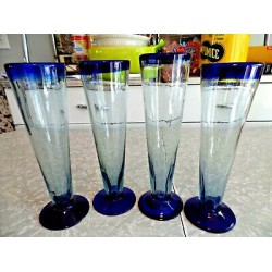 ARTISAN COBALT BLUE HAND BLOWN GLASS 4 PC.PARFAIT STYLE FLUTE DRINKING GLASSES