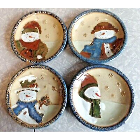 (4) PC ST. NICHOLAS SQUARE SNOWMAN DESIGN "FOREST FRIENDS" 6 3/4" DESSERT PLATES