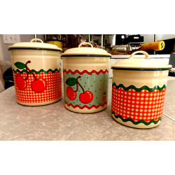 GOOSEBERRY PATCH EXC. COND. ENAMELWARE 6 PC. CANISTER SET CUTE "CHERRY" PATTERN