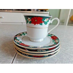 5 PC. SET of TIEN SHAN POINSETTIA  SAUCERS +1 CUP in the "DECK the HALLS PATTERN