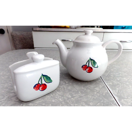 CORELLE COORDINATES 3 PC. 48 OZ TEA POT & NAPKIN HOLDER in "FRUIT BASKET" CHERRY