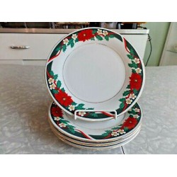 4 PC. SET of TIEN SHAN POINSETTIAS LUNCH PLATES in the "DECK the HALLS PATTERN